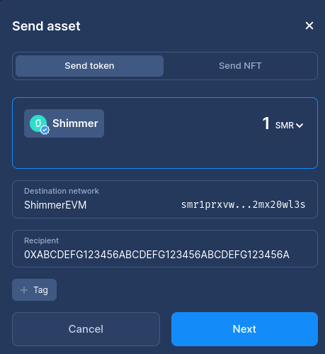 Enter the amount of SMR tokens and metamask address