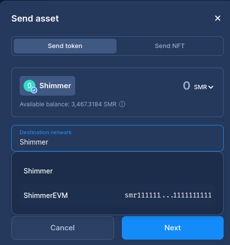 Select the ShimmerEVM network